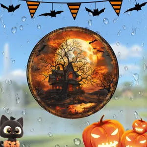 Halloween statischer Glasfensteraufkleber Spukhaus Kürbis süße schwarze Katze Feiertag