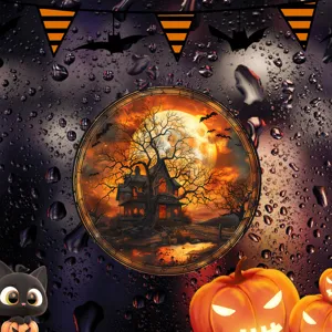 Halloween Fensteraufkleber Detail mit Gruselhaus Grafik und süßer schwarzer Katze.
