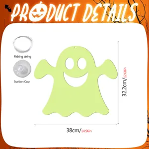 Halloween glow ghost hanging decoration detail showing size, suction cup and string.