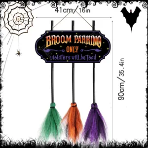 Halloween wooden witch broom parking sign detail view showing dimensions and mesh brooms.