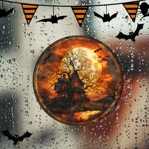 Halloween statische Glasfensteraufkleber, gruseliges Spukhaus Mond Detail für Festtag Dekor