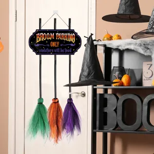 Halloween wooden hanging sign decoration with witch broom design for holiday party decor