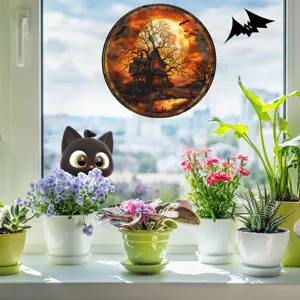 Halloween Buntglas Fensteraufkleber, rundes Spukhaus Design, einfache statische Deko.
