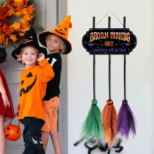 Halloween wooden door hanging sign with broom decoration holiday party wall hanging decor for home