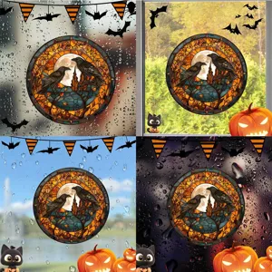 Halloween Buntglas Fenstersticker mit Krähen und Mond, statische Folie für Dekoration.