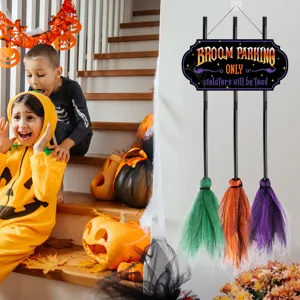 Halloween wooden broom parking sign hanging wall decor with three colorful mini brooms