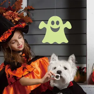 Halloween hanging luminous ghost decoration scene detail showing glowing effect and party vibe.