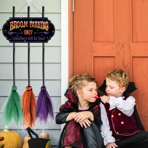 Halloween wooden witch broom parking sign hanging door decor festive party prop ornament