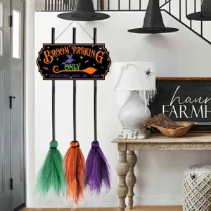 Halloween witch broom parking sign detail view, festive hanging decor in spooky scene setup.