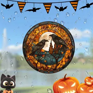 Nahaufnahme Detail des Halloween Buntglas Fensteraufklebers mit Krähen und Vollmond.