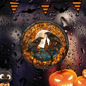 Halloween Buntglas Fensteraufkleber mit Raben und Mond Design, festliche Heimdekoration.