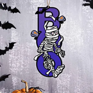 Halloween Holz BOO Hängeschild mit Mumien-Design, ideal für Festival Wand- und Türdekoration.