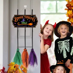 Halloween wooden broom parking hanging sign party decoration festive door ornament