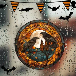 Halloween Krähe Buntglas Fensteraufkleber Detail, dekorative Mond Fledermäuse Glasfolie.