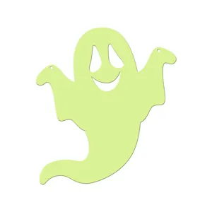 Close-up of the luminous ghost hanging decor detail, glowing green Halloween decor.