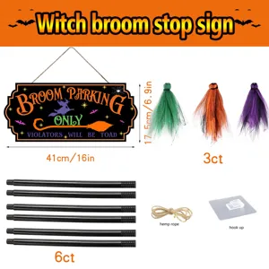 Halloween witch broom parking sign detail showing wooden board, brooms, poles and hooks set