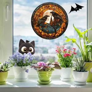 Halloween Fensteraufkleber Detail, statische Glasfolie mit Krähe und Katze für Dekoration.