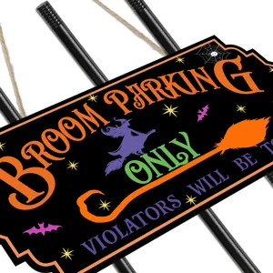Halloween wooden witch parking hanging sign detail showing colorful spooky text elements