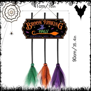 Halloween broom parking wooden hanging sign with colorful mesh brooms, 41x90cm festive door wall decor.