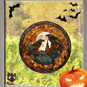 Halloween Fensteraufkleber Buntglas Krähe Mond statische Haftung Dekoration spuk