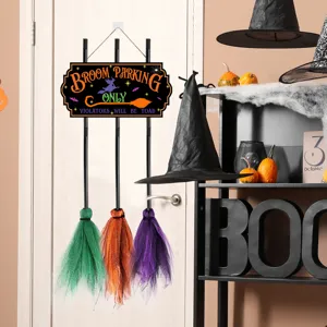 Halloween wooden broom parking sign hanging decoration with colorful mesh witch brooms spooky.