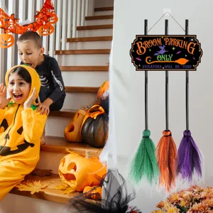 Halloween wooden broom parking hanging sign with colorful mini brooms for holiday wall decor.