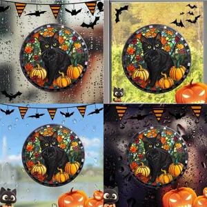 Halloween statische Glasfensteraufkleber mit schwarzer Katze und bunten Kuerbismotiven.