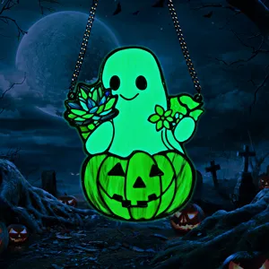 Halloween fluorescent acrylic hanging ghost decor with pumpkin for wall and window decoration.
