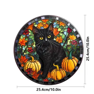 Halloween schwarze Katze Buntglas Fensteraufkleber, 10 Zoll runde dekorative Glasfolie.