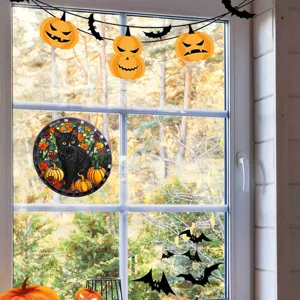 Halloween Glasaufkleber schwarze Katze Buntglas Optik, festliche Fensterdeko Detailansicht.