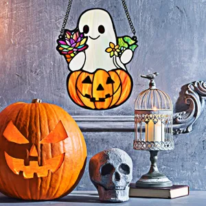 Halloween stained glass ghost pumpkin hanging decoration acrylic wall ornament detail view