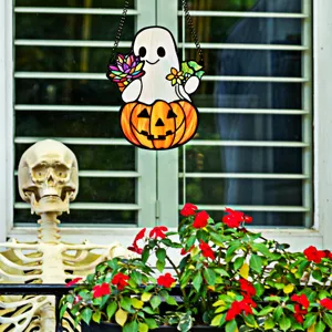 Halloween acrylic ghost pumpkin hanging ornament detail showcasing spooky seasonal holiday decor design.