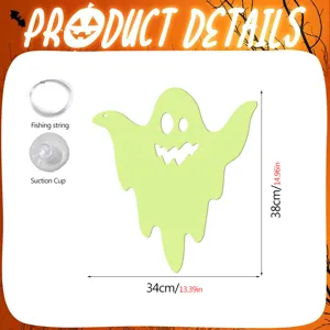 Halloween glowing ghost wall sticker detail showing product dimensions and hanging accessories.