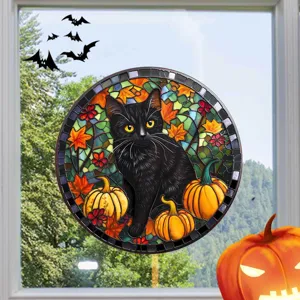 Halloween schwarze Katze Buntglas Fenstermonage, dekorative Herbst Kürbis Glasfolie zu Hause.