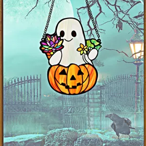 Halloween ghost pumpkin acrylic hanging decor, stained glass style window wall ornament.