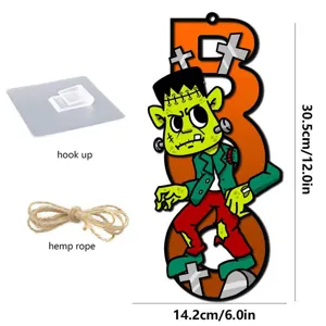 Halloween Holz BOO Hängeschild mit Frankenstein Monster Design, Seil und Haken für Türdeko.