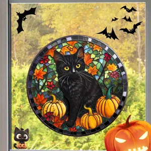 Halloween schwarze Katze Buntglas Fensteraufkleber Kürbis Herbstlaub Glasfolie Festdeko.