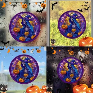 Halloween Buntglas Skelett Hexe Fensteraufkleber festliche Dekoration Glasfolie