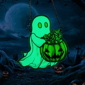 Halloween fluorescent acrylic ghost holding pumpkin hanging sign for party wall decor.