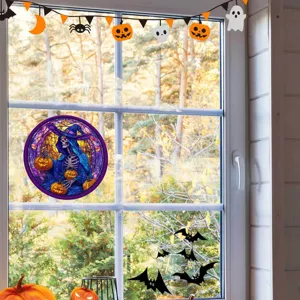 Halloween Skelett Hexe Buntglas Fensteraufkleber statische dekorative Glasfolie Party.