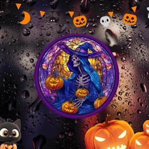 Halloween statischer Fensteraufkleber, bunte Glasfolie mit Skelett-Hexe für gruselige Feiertagsdeko.