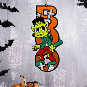 Detailansicht des dekorativen Halloween Holz Schildes mit Frankenstein und Motiven.