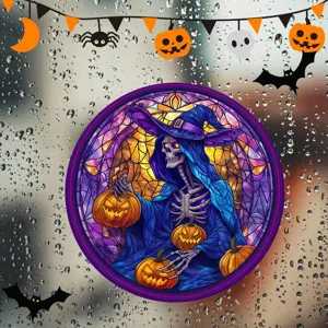 Halloween Buntglas Skelett Kürbis Fensteraufkleber, farbige statische Deko Glasfolie.