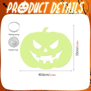 Halloween pumpkin hanging decoration detail view featuring suction cup and fishing string.