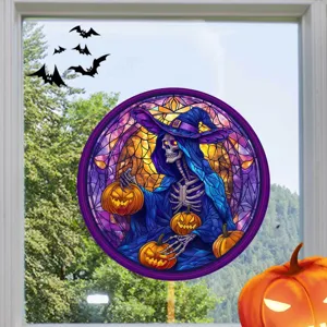 Halloween Skelett Buntglas Fensteraufkleber, farbige statische Folie für Heimfenster Dekoration.