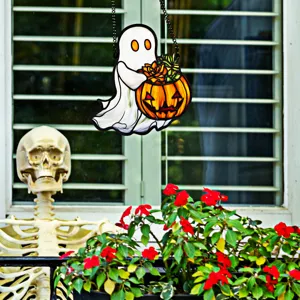 Halloween ghost holding pumpkin succulent acrylic hanging ornament window decor party prop