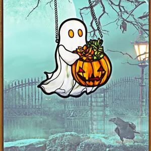 Halloween ghost pumpkin acrylic hanging decor detail, spooky theme window wall ornament.