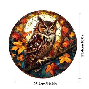 Buntglas Eule Fensteraufkleber rund Herbst Ahornblatt Dekor Glasaufkleber 25cm