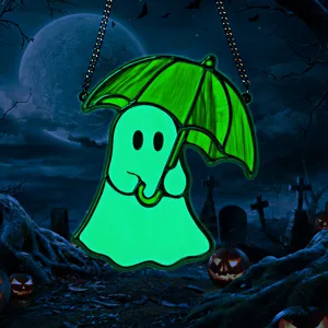 Halloween glowing acrylic ghost umbrella hanging pendant spooky wall decor detail shot