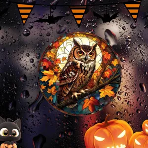 Halloween statische Fensteraufkleber mit Eulen-Design im Buntglas-Stil für die Raumdeko.